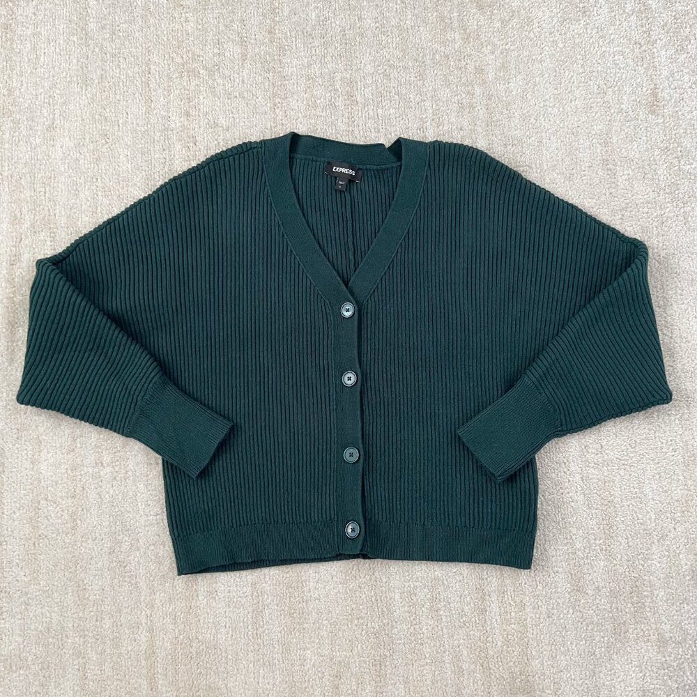 Express V-Neck Ribbed Cardigan Knit Green Sweater L